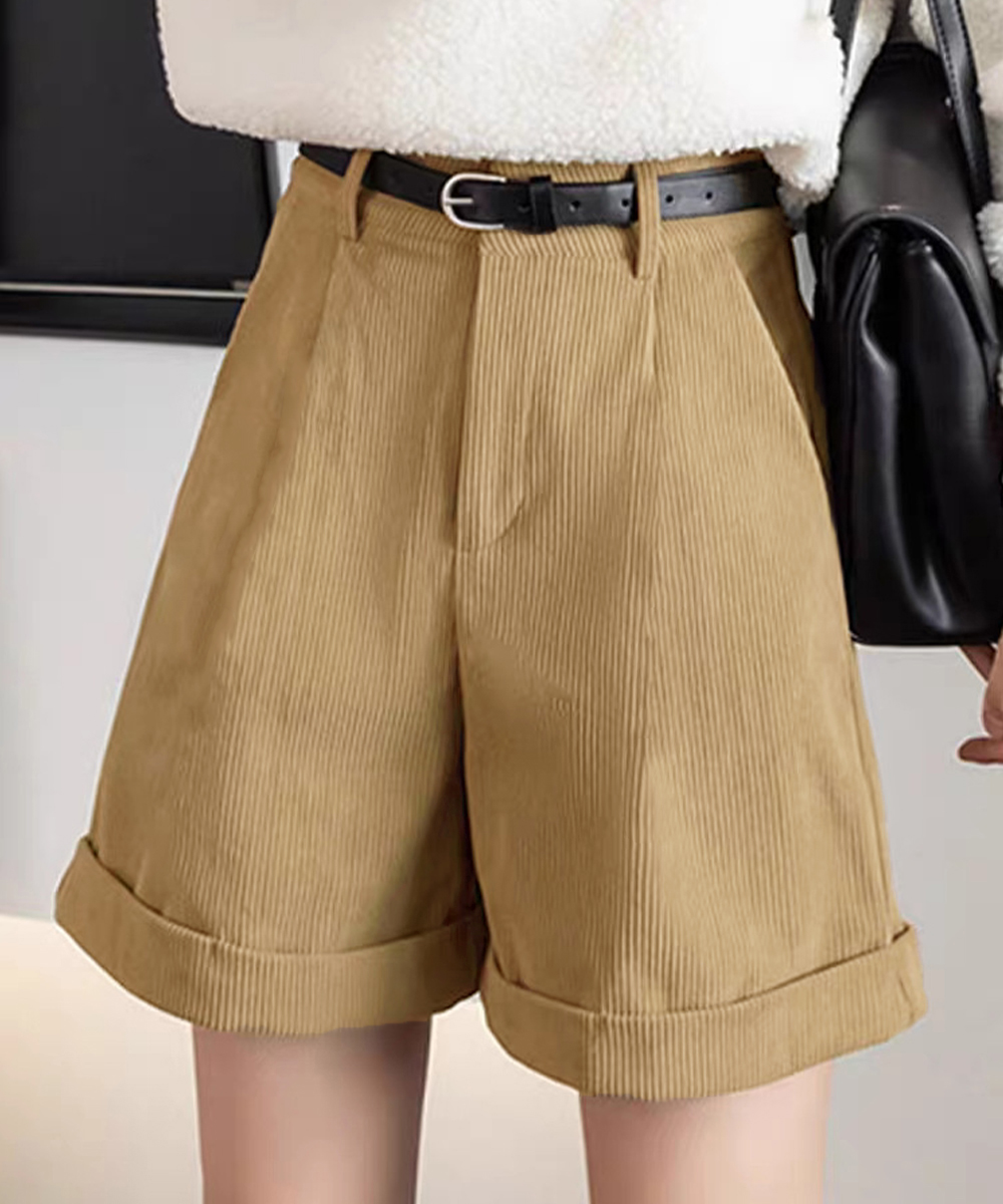 パンツセットアップ 秋冬コーデュロイショートパンツ ハイウエスト