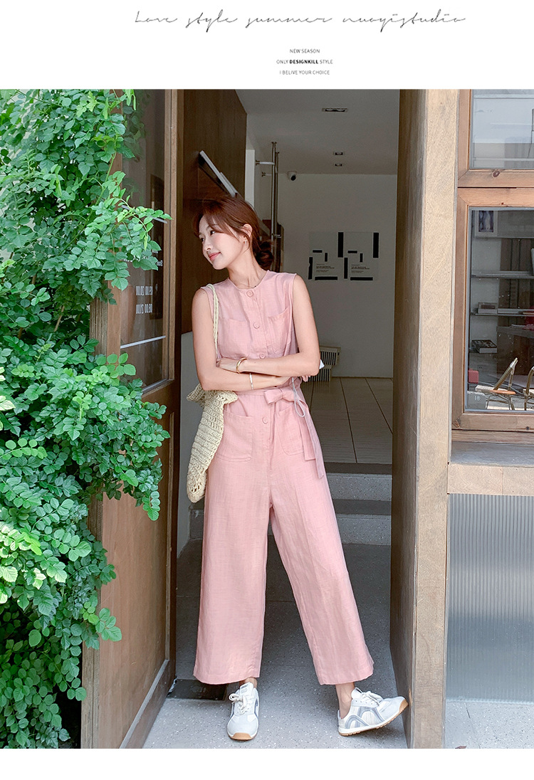 パンツセットアップ リネン風ノースリーブワイドパンツセット