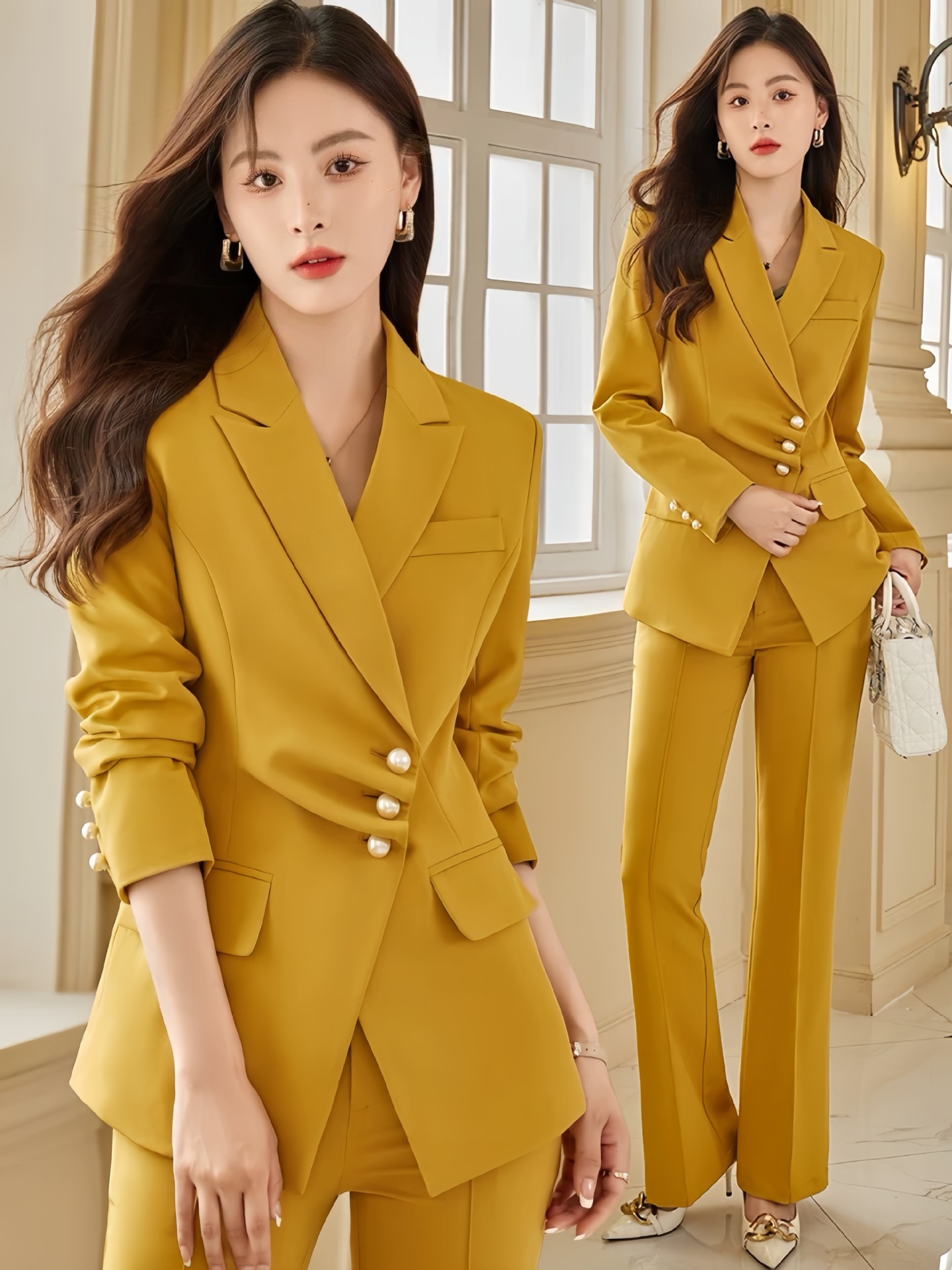 パンツセットアップ パールボタン付きダブルジャケットパンツセットアップ