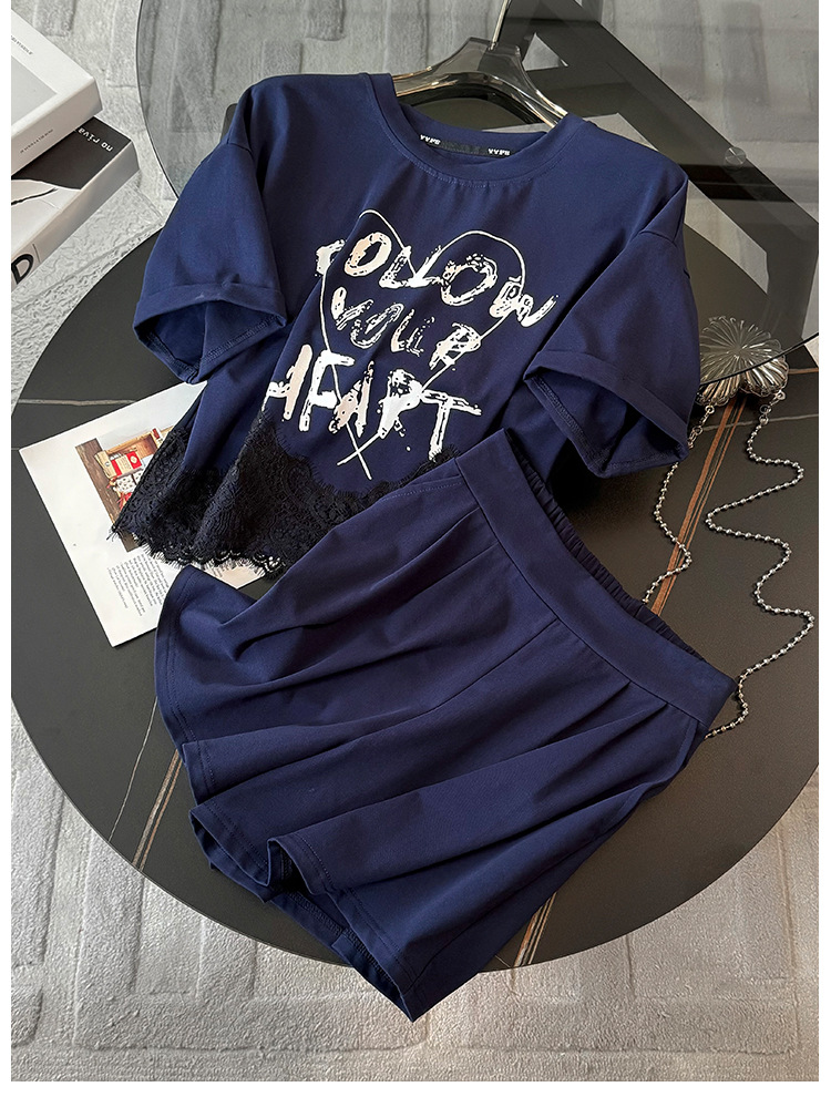 パンツセットアップ レースフリル裾ロゴデザイン上下セット