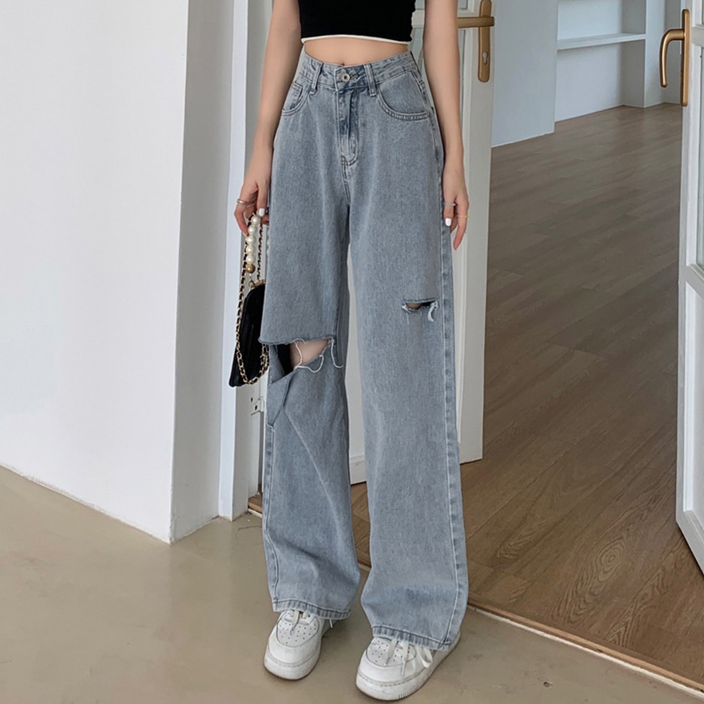 パンツセットアップ ダメージ加工ワイドデニムパンツ レディース着痩せ