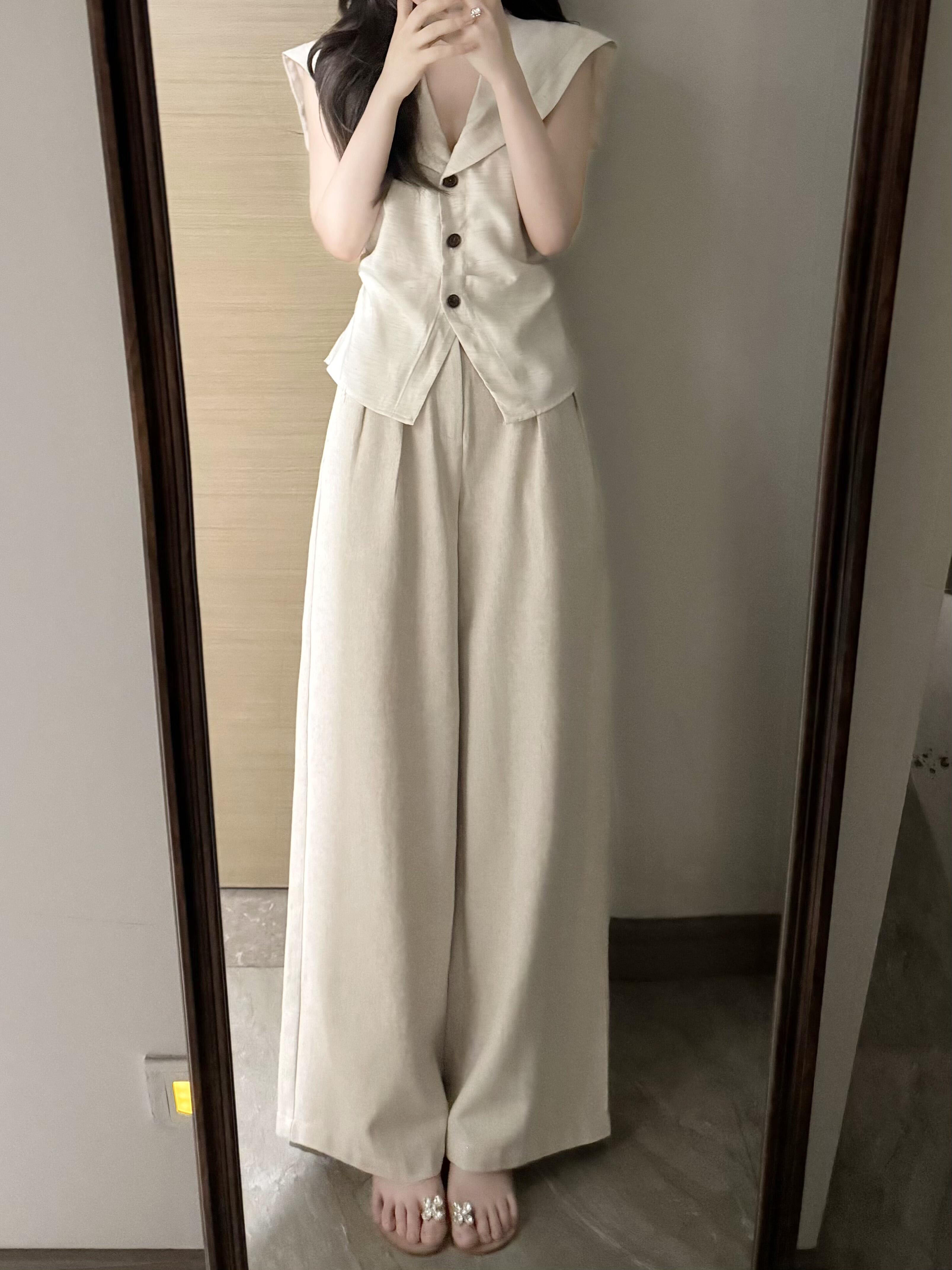 パンツセットアップ リネン風ワイドパンツセットアップ