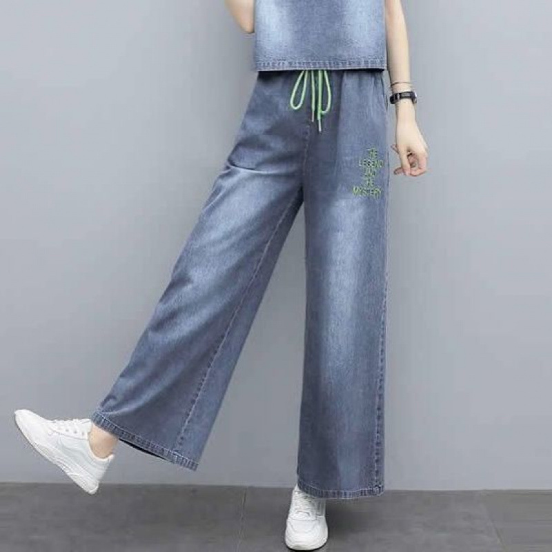 パンツセットアップ デニム風フード付きワイドパンツセット