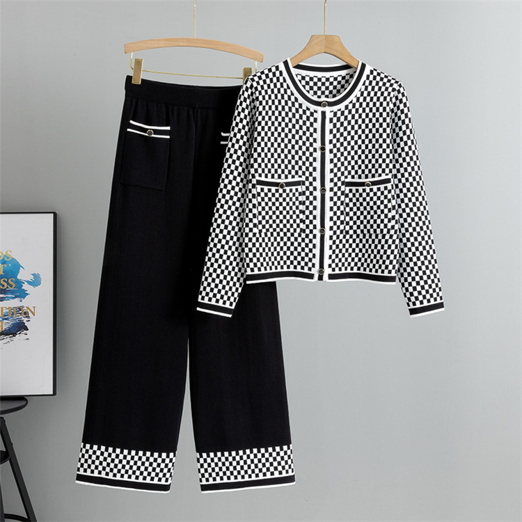 パンツセットアップ 市松模様ニットワイドパンツセット