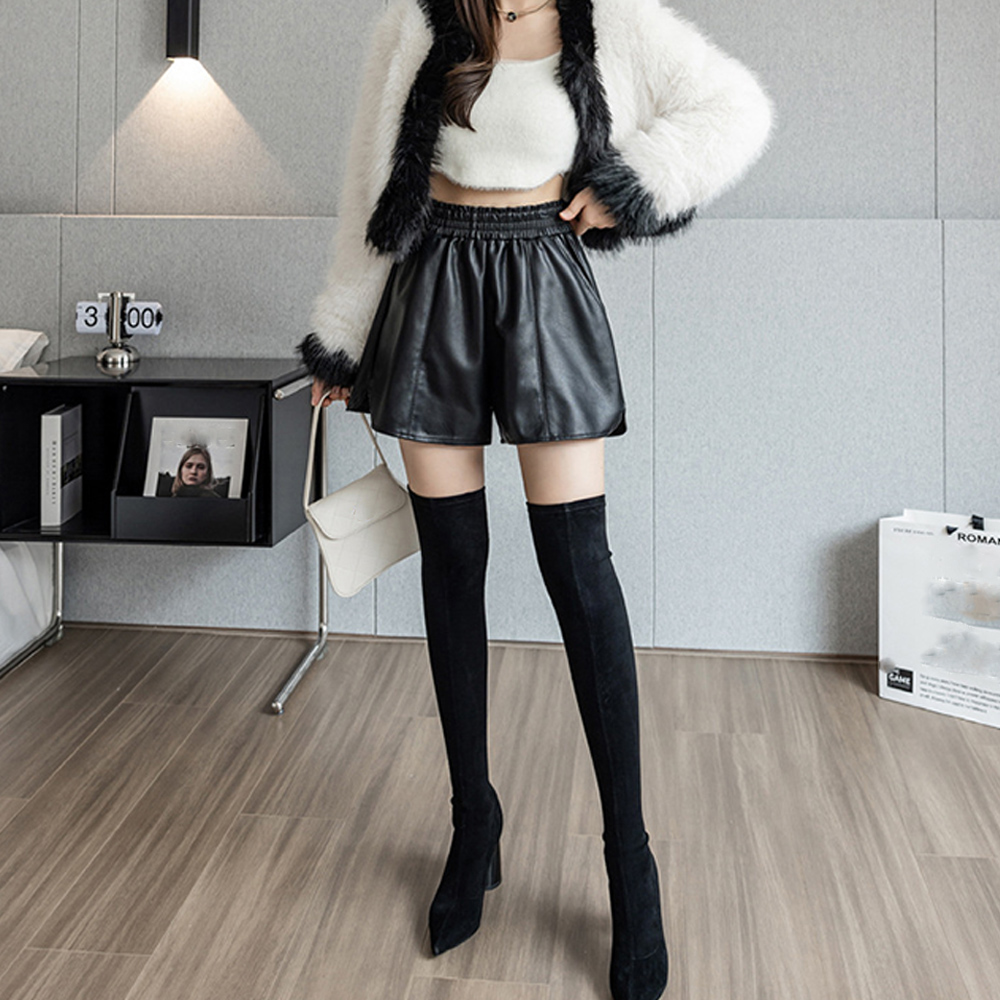 パンツセットアップ 合皮レザー ハイウエスト ショートパンツ 女性用
