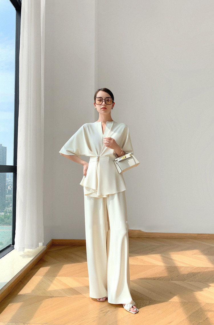 ブイネック二点セット レディース ワイドパンツセットアップ
