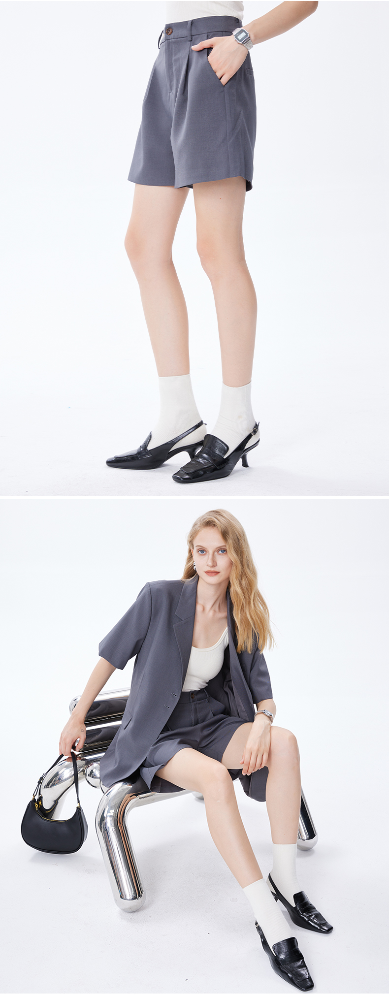 パンツセットアップ 洗練半袖ジャケットとショートパンツの組合せ