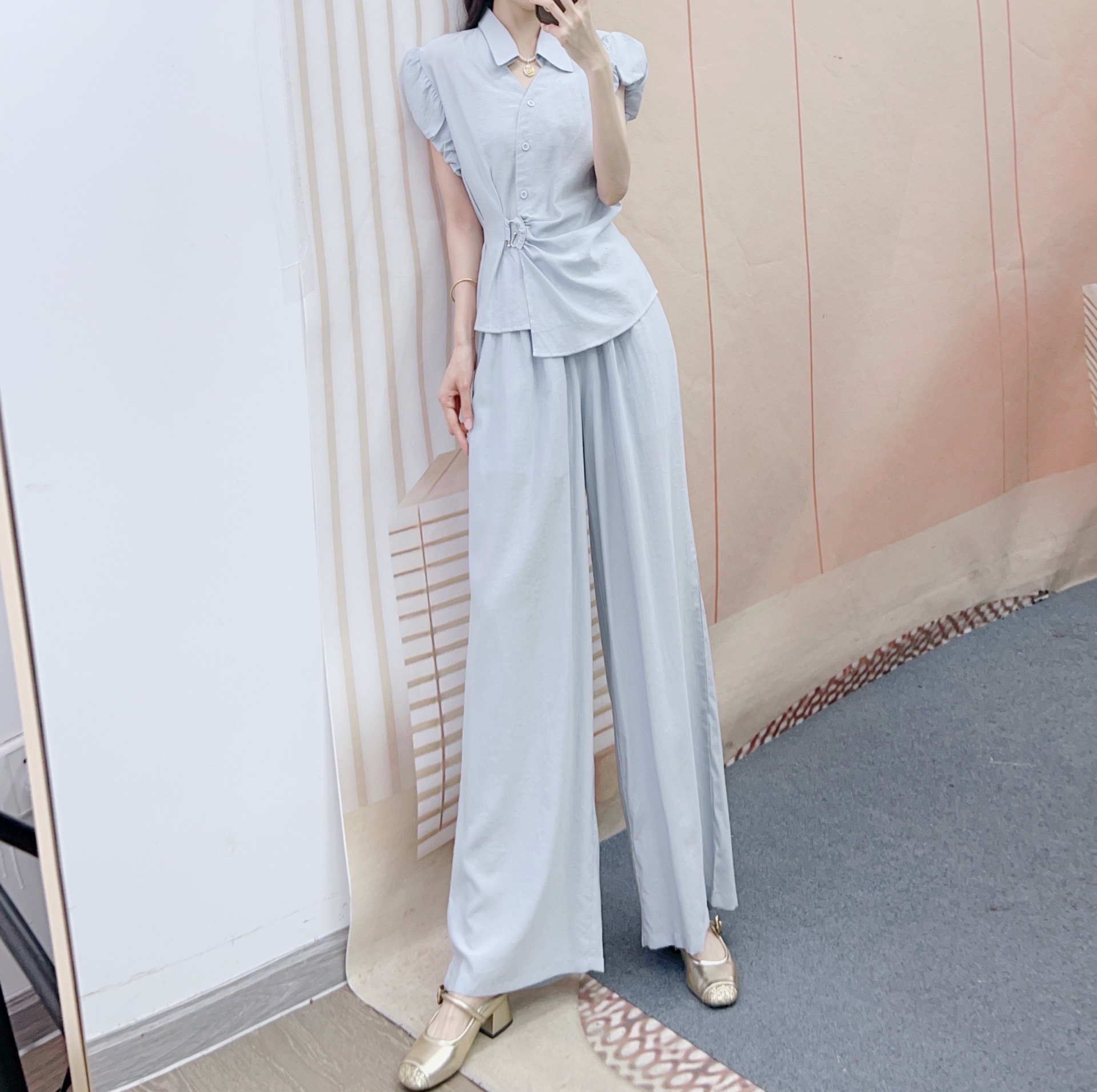 パンツセットアップ 袖フリル細ベルト付きワイドパンツセット