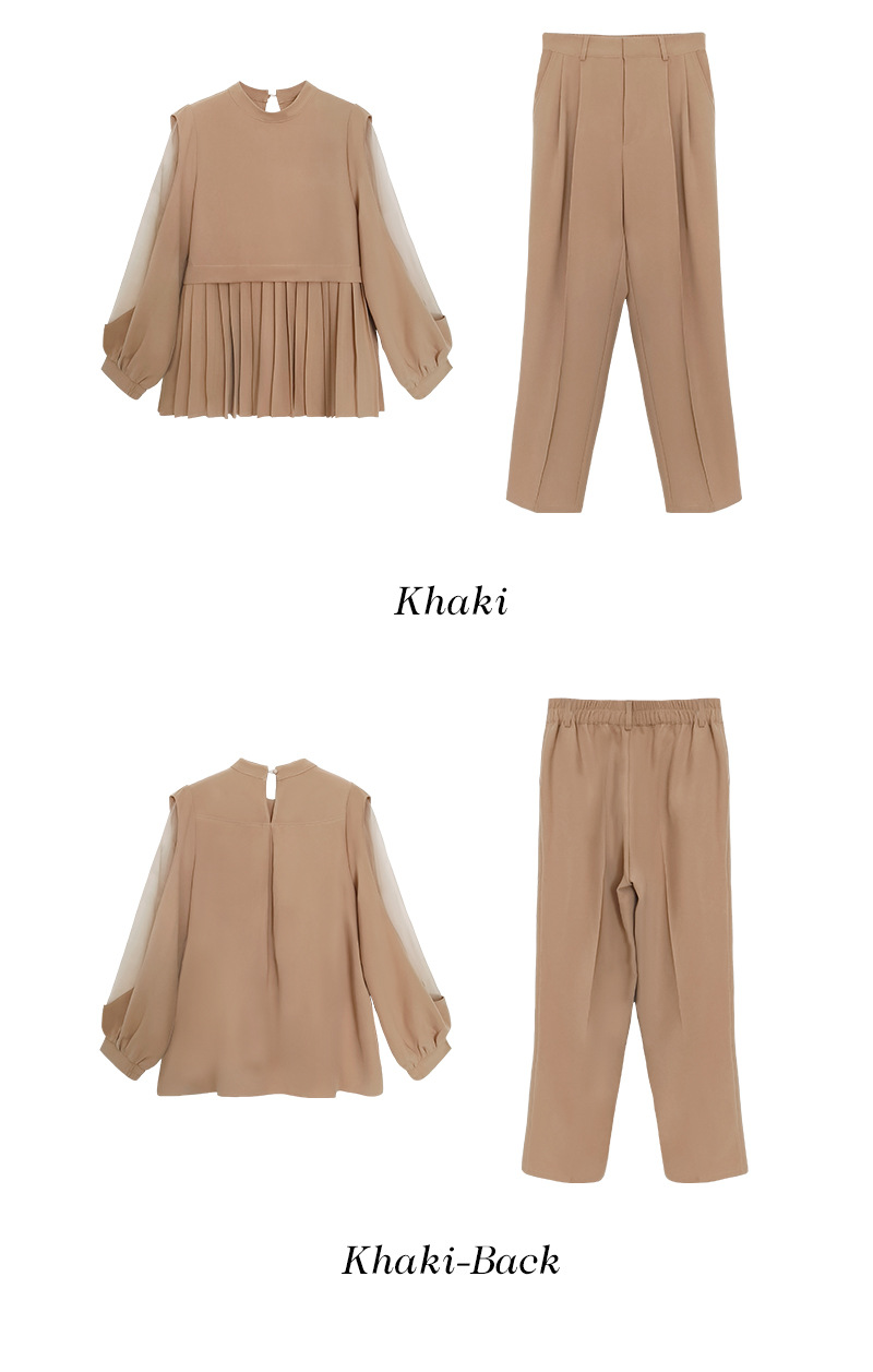 パンツセットアップ 透け感シフォン プリーツ切替セットアップ