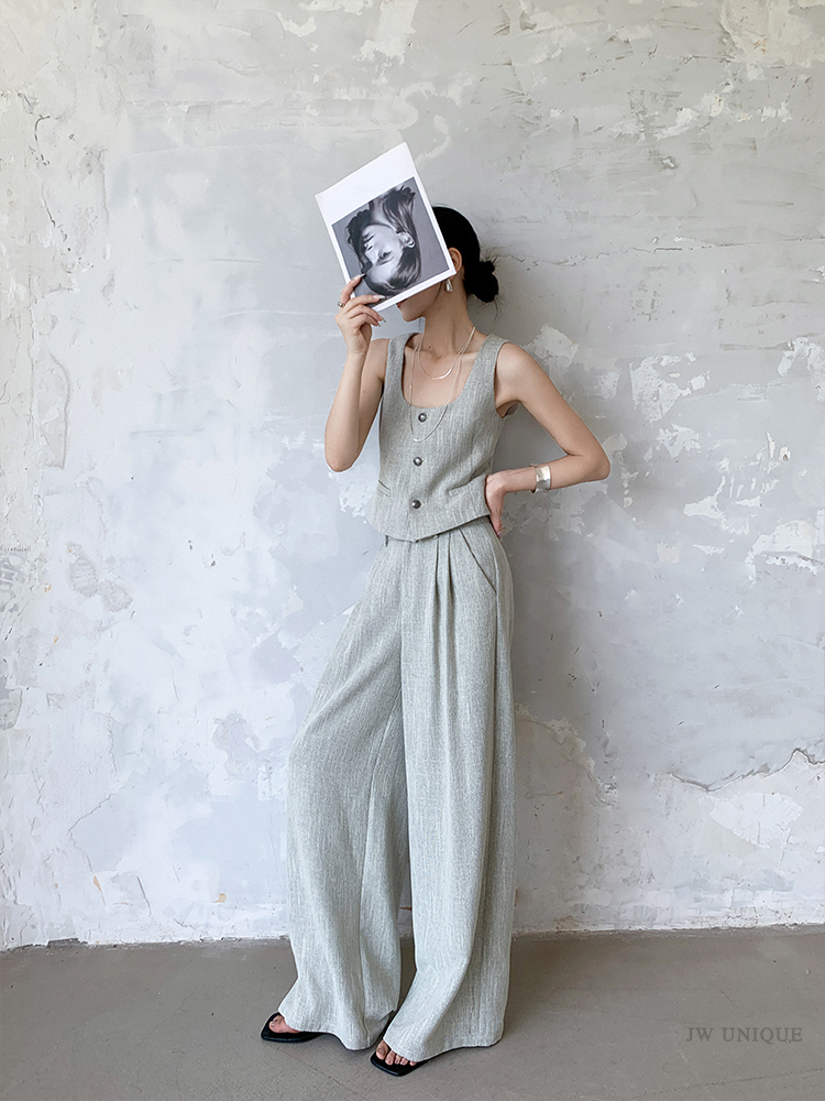 パンツセットアップ リネン風ベスト付きワイドパンツセット