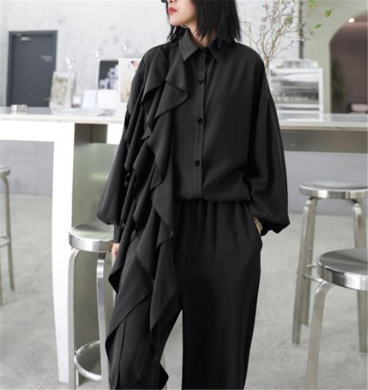 パンツセットアップ 上品復古風長袖ブラウスワイドパンツ女性用2点組