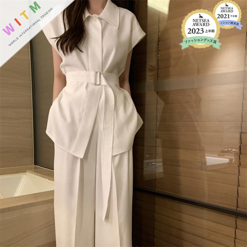 パンツセットアップ 夏用スーツ二点組み半袖上着ワイドパンツ女性用着回し服