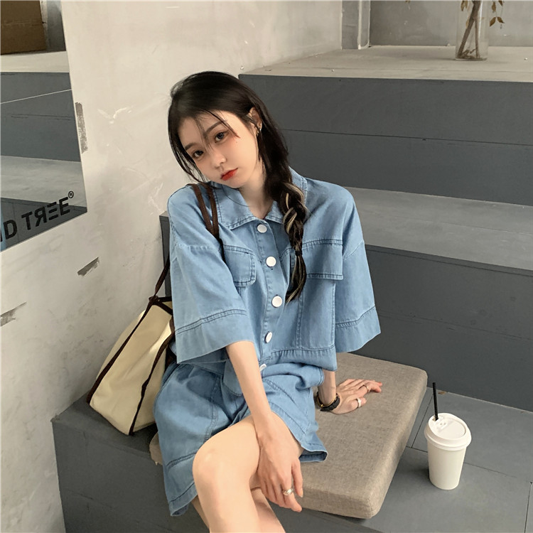 パンツセットアップ デニム風ゆったりショートパンツセット