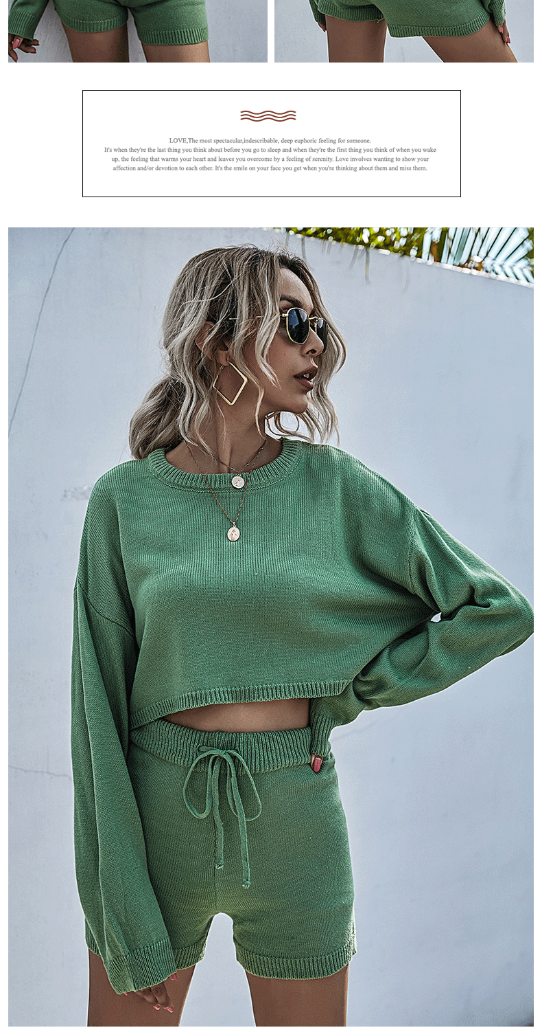 パンツセットアップ ニット素材のクロップドトップス紐付きショートパンツ二点セット