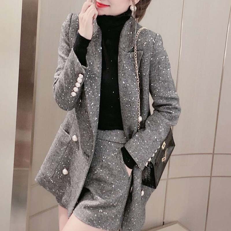 パンツセットアップ ラメツイード素材華やかジャケットショートパンツ二点組