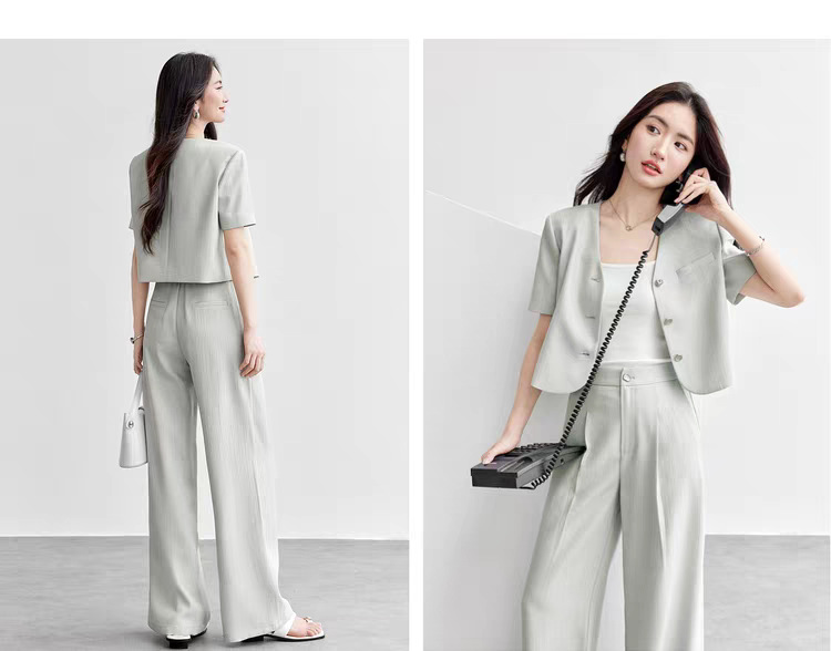 パンツセットアップ 上品なベスト付き半袖ジャケットとワイドパンツのセットアップ