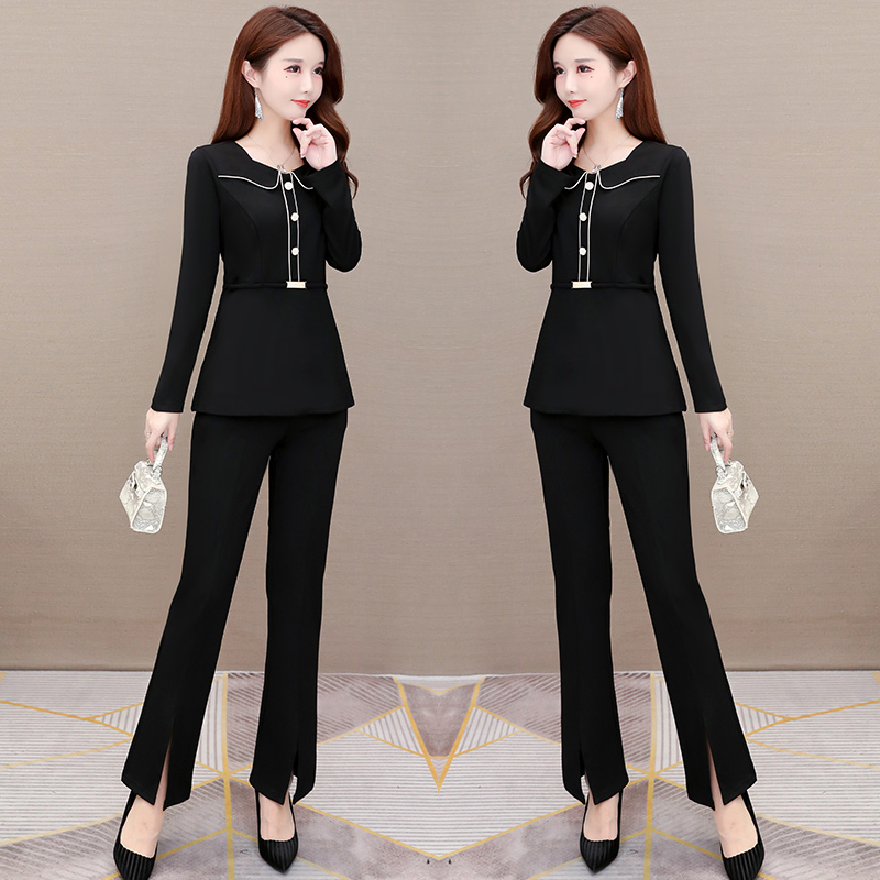 パンツセットアップ 丸襟パイピングトップス＆フレアパンツの上品セット