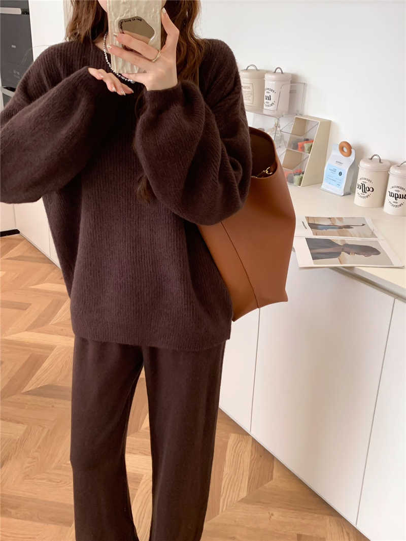 パンツセットアップ 上品ニットトップス×ワイドパンツセット