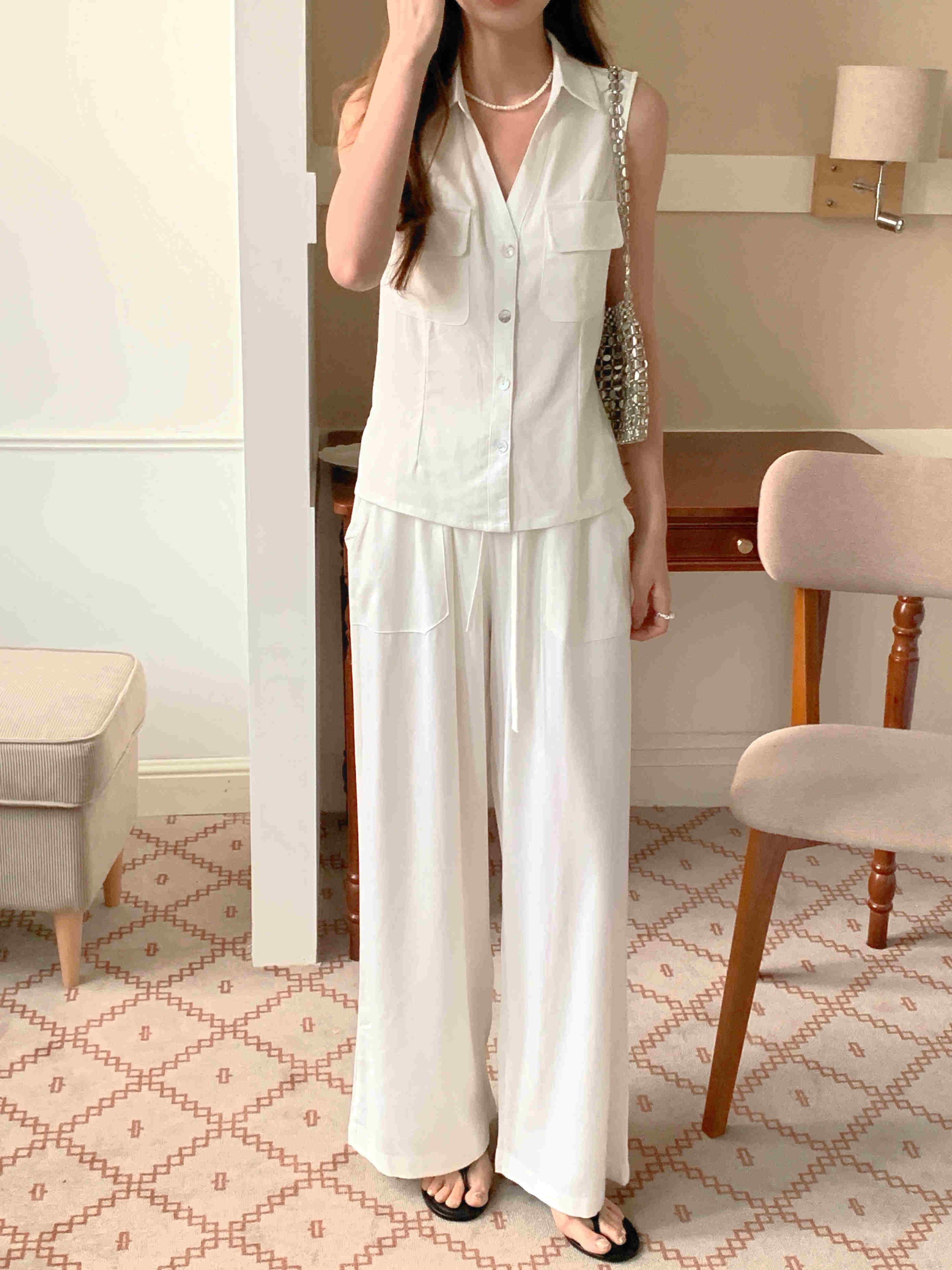 パンツセットアップ 2025年春夏新作 韓国風ワイドパンツセット袖なしシャツ