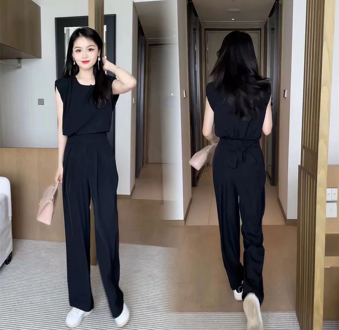 パンツセットアップ 上品シルエット ノースリーブワイドパンツセット