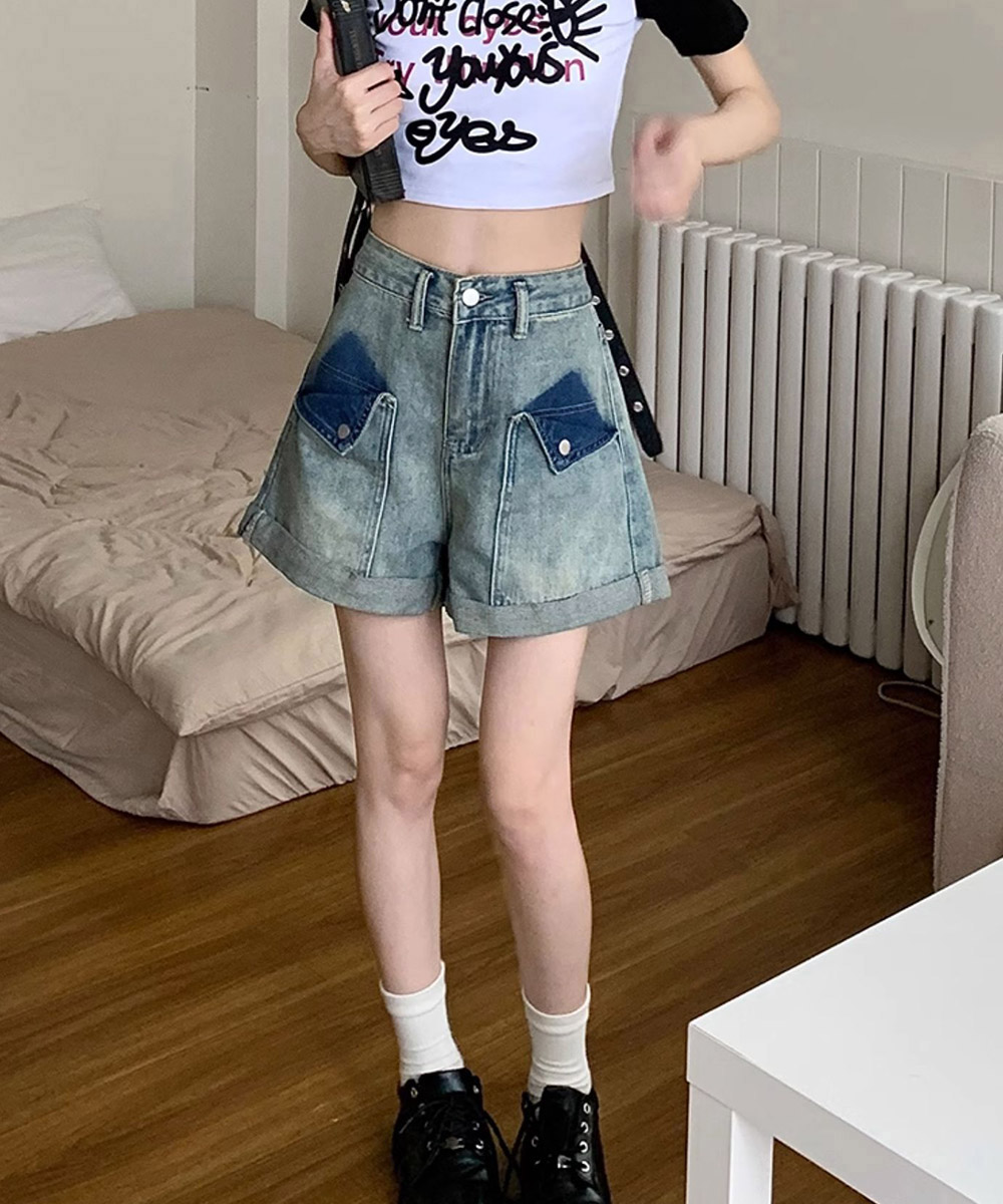 パンツセットアップ 裾ロールアップ デニムショート パンツ 美脚