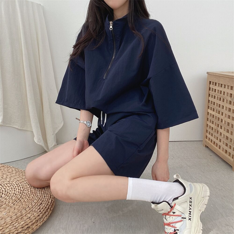 パンツセットアップ 無地ゆるジップトップス×ショートパンツ二点セット