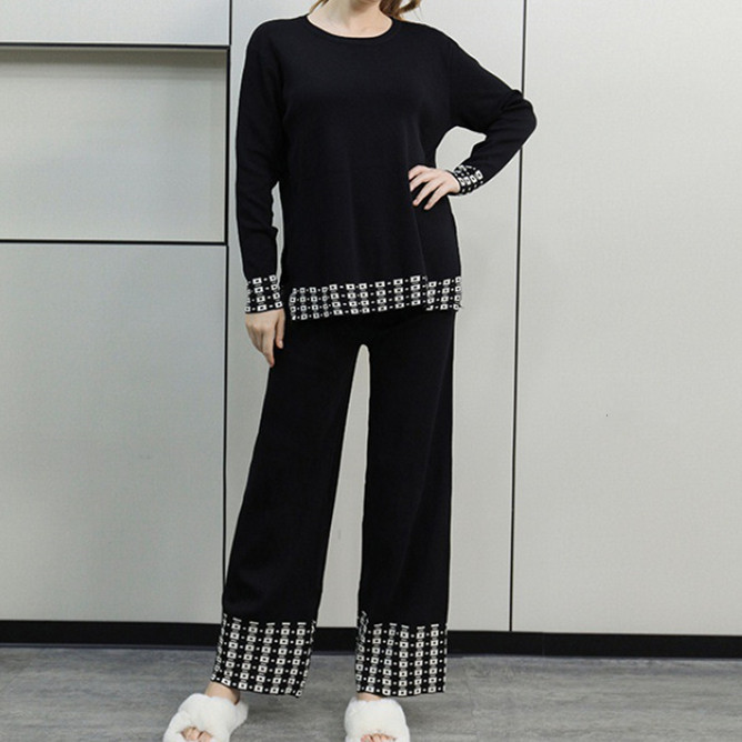 パンツセットアップ 秋冬新作ニットプルオーバーとワイドパンツの上下セット