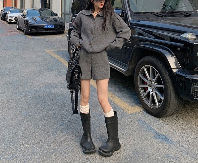 パンツセットアップ ニット素材襟付きジャケット×ショート二点セット