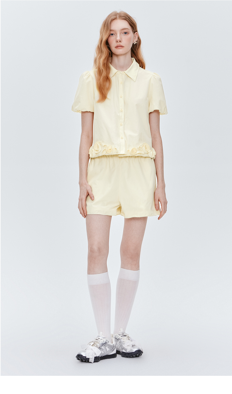 パンツセットアップ ショート 花飾りパフスリーブセットアップ