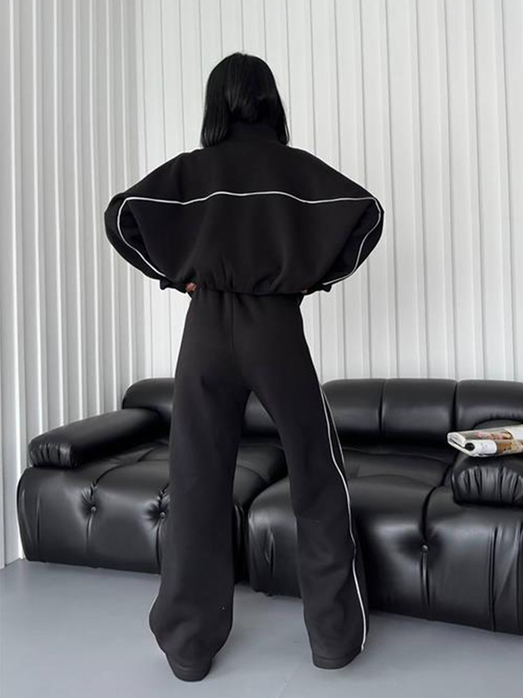 パンツセットアップ パイピング配色ジップアップワイドパンツセットアップ
