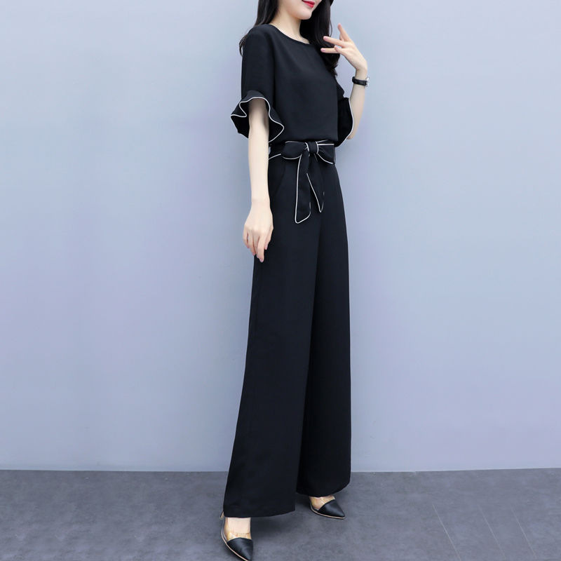 パンツセットアップ フリル袖リボンベルトワイドパンツセット