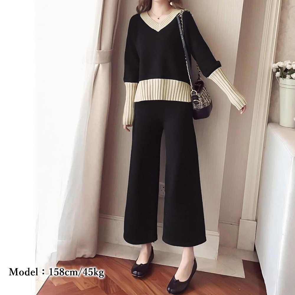 パンツセットアップ 配色ニットセットアップ ワイドパンツ レディース 秋冬