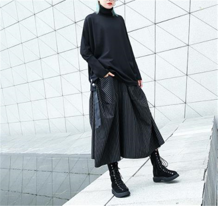 パンツセットアップ 春秋対応ハイウエストしま模様ワイド七分丈キュロット