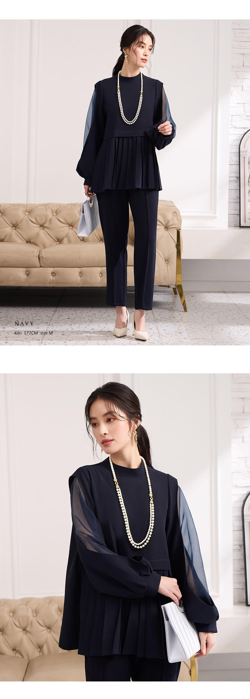 パンツセットアップ 透け感シフォン プリーツ切替セットアップ
