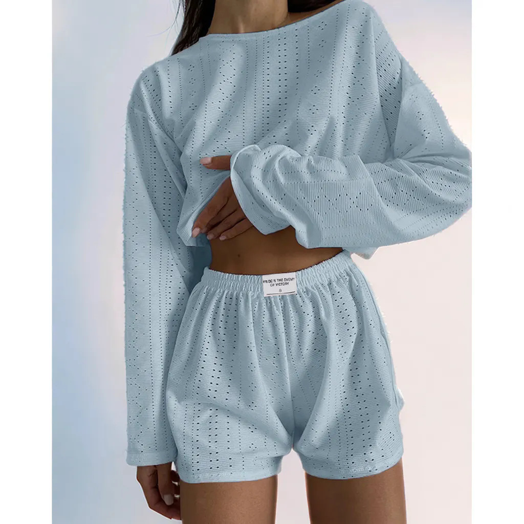 パンツセットアップ 透かし編みニット上下セットショートパンツルームウェア