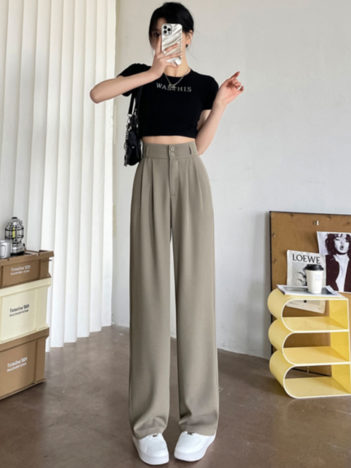 パンツセットアップ ハイウエストタックワイドパンツ
