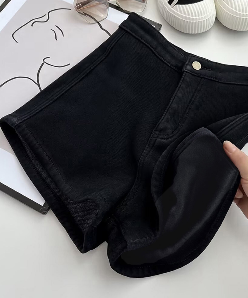 パンツセットアップ 裏起毛デニムショートパンツ レディース暖か美脚