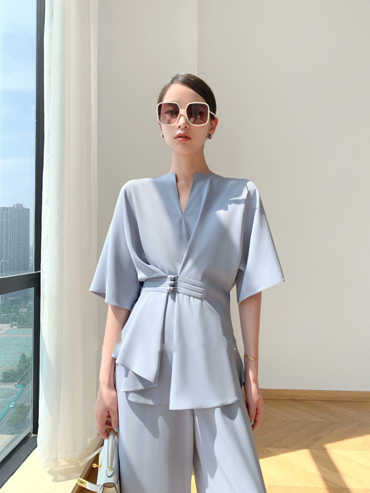 ブイネック二点セット レディース ワイドパンツセットアップ