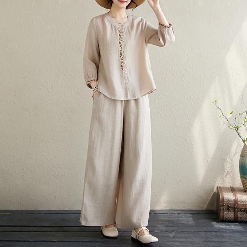 パンツセットアップ 花刺繍リネン風ワイドパンツセット