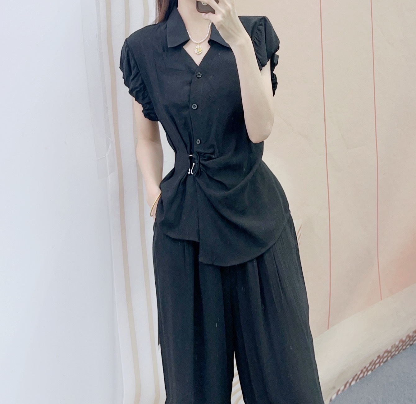 パンツセットアップ 袖フリル細ベルト付きワイドパンツセット