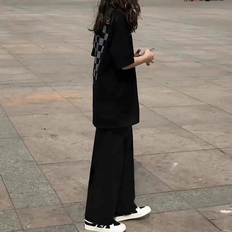 パンツセットアップ ワイド 市松模様バックプリントワイドパンツセット