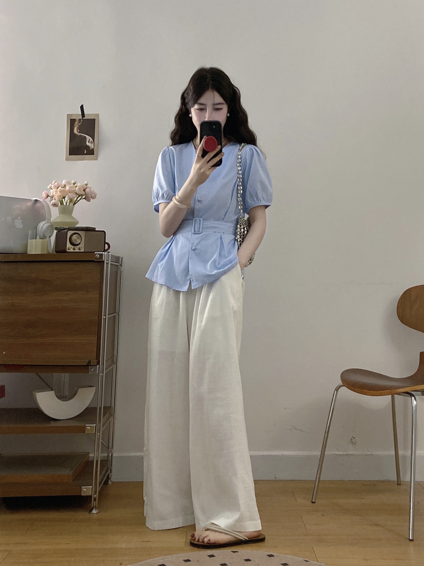 パンツセットアップ ベルト付きペプラムブラウスとワイドパンツセット
