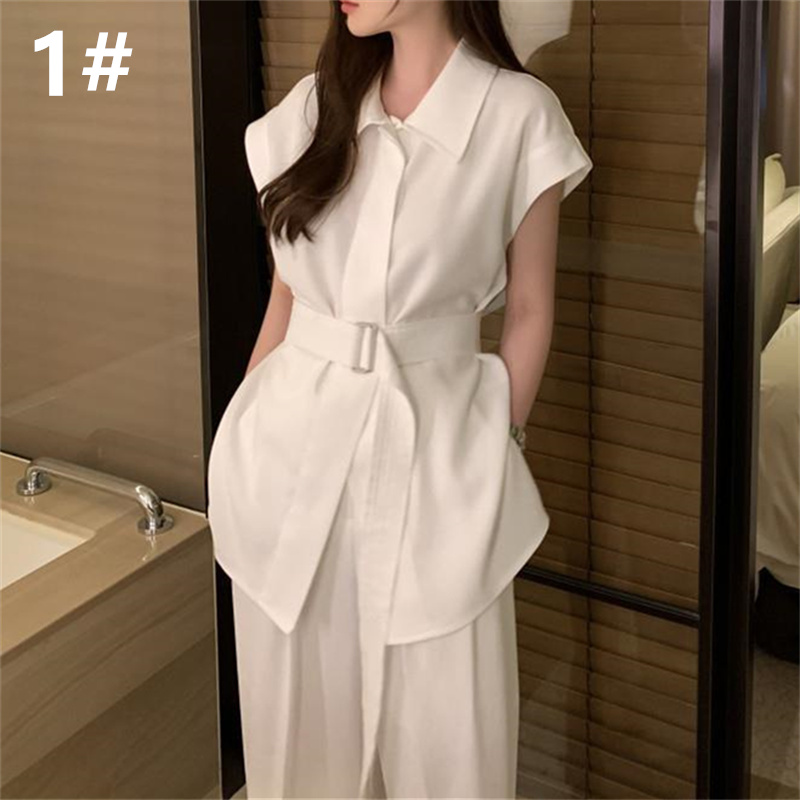 パンツセットアップ 夏用スーツ二点組み半袖上着ワイドパンツ女性用着回し服