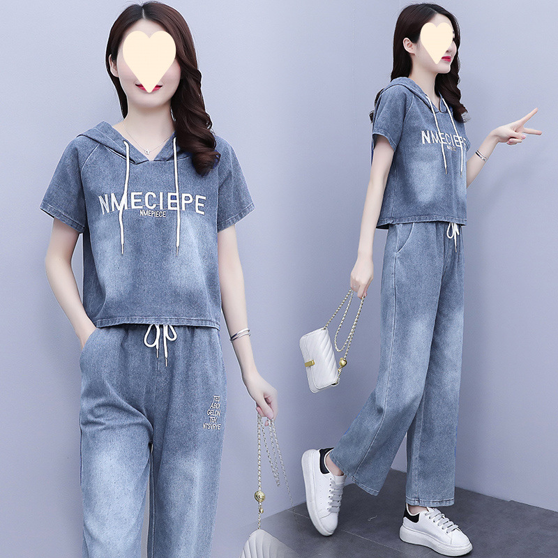 パンツセットアップ デニム風フード付きワイドパンツセット