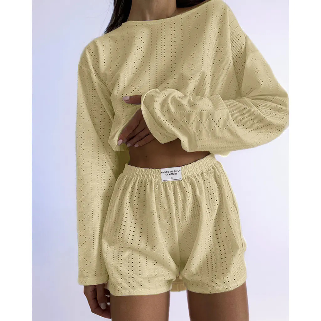 パンツセットアップ 透かし編みニット上下セットショートパンツルームウェア