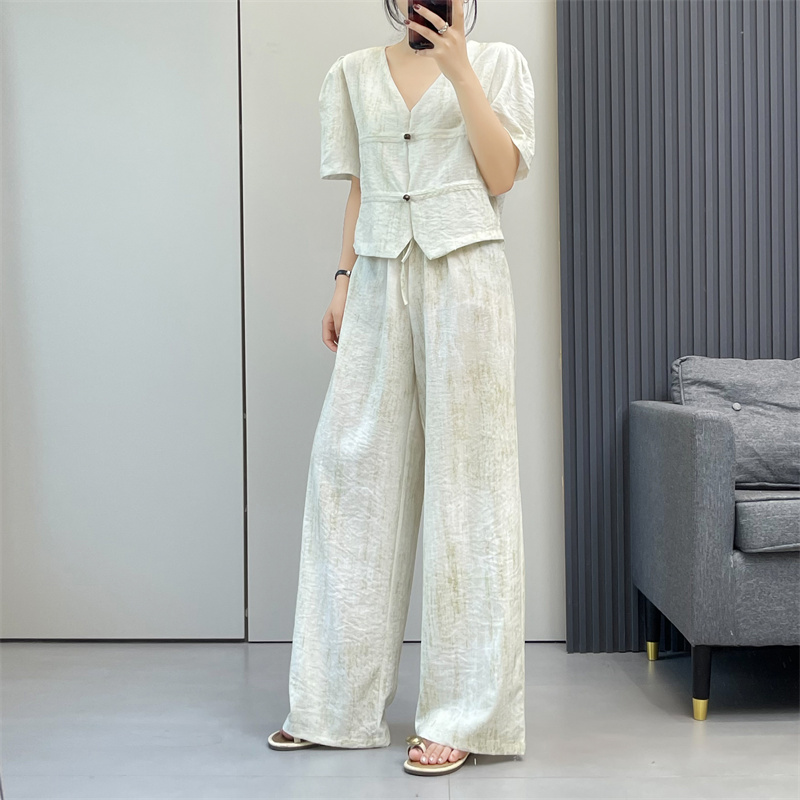 パンツセットアップ ワイド パフスリーブ麻混ワイドセットアップ