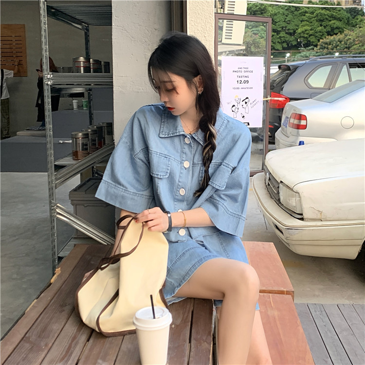 パンツセットアップ デニム風ゆったりショートパンツセット