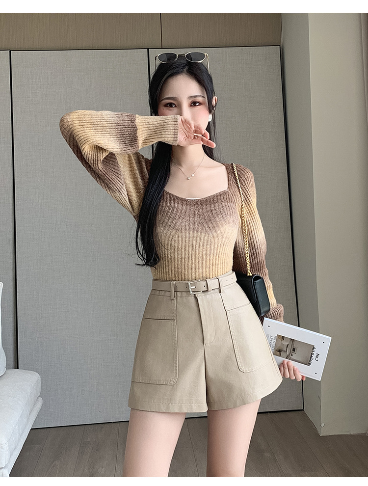 パンツセットアップ ベルト付きハイウエストショートパンツ