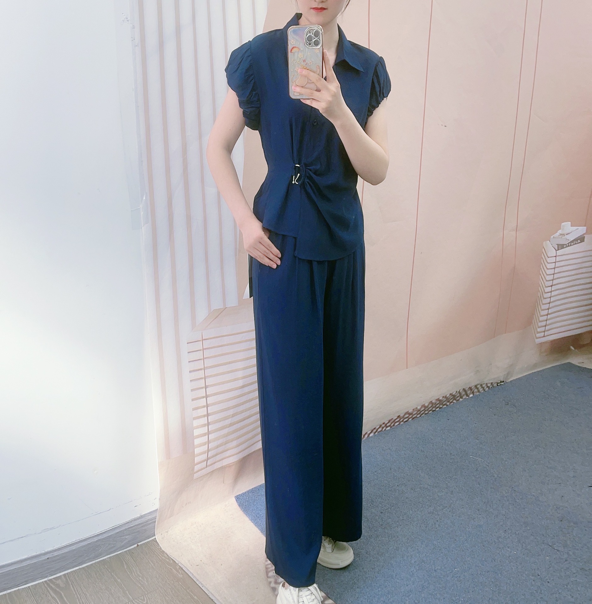 パンツセットアップ 袖フリル細ベルト付きワイドパンツセット
