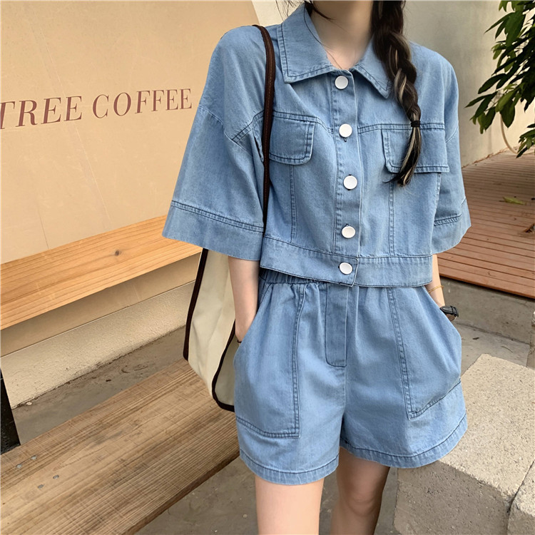 パンツセットアップ デニム風ゆったりショートパンツセット
